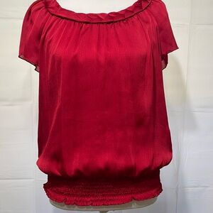 AGB Red Short-Sleeve Blouson Top with Braided Neckline